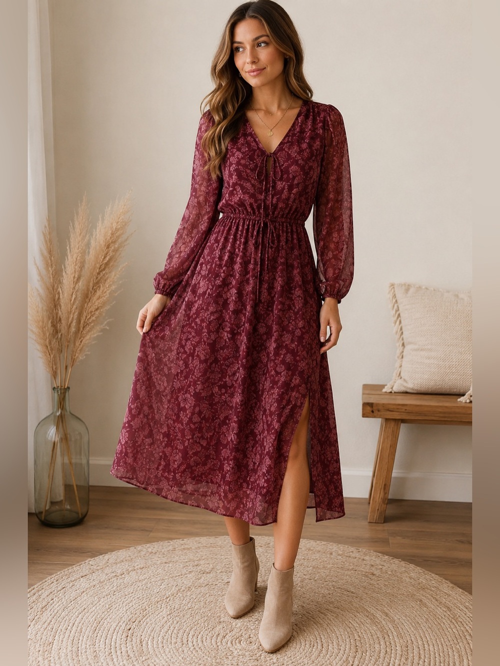 Francesca's Collections Burgundy Floral Long Sleeve Midi Dress